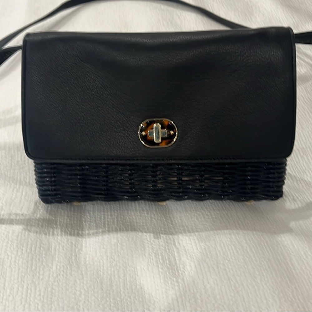 Talbots Black Leather and Wicker Shoulder Bag